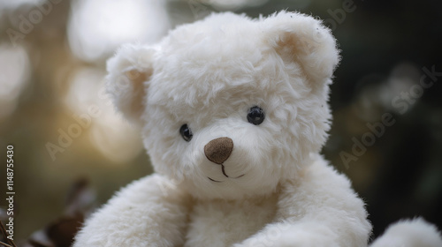 white teddy bear toy with thick  white fur  isolated on white blurred background