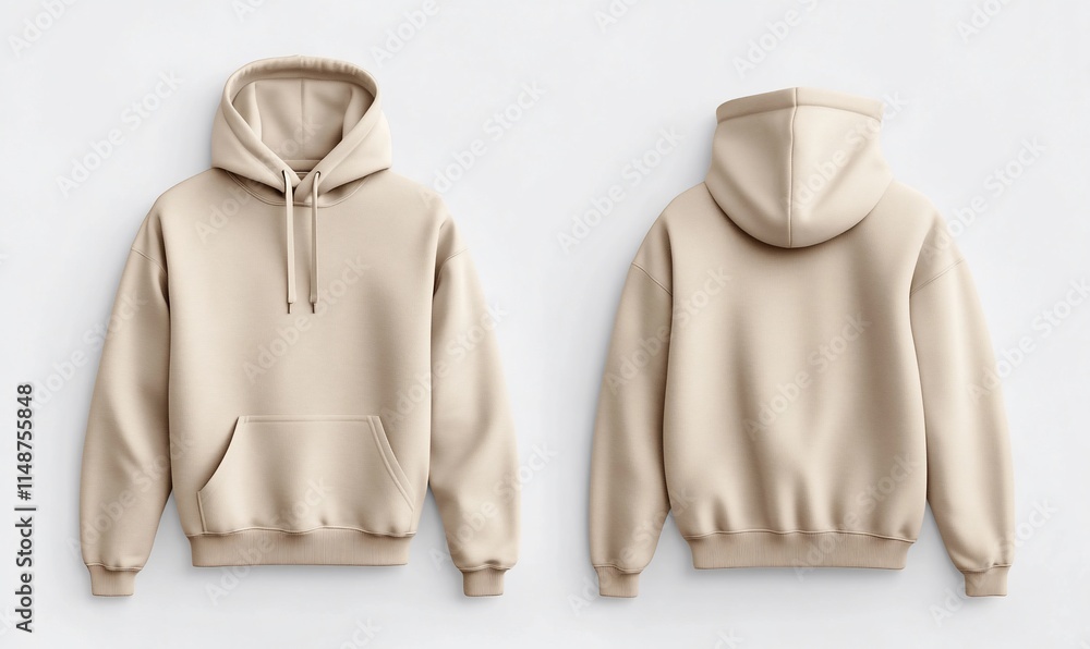 A beige hoodie displayed from the front and back for fashion presentation. A beige hoodie displayed from the front and back for fashion presentation.