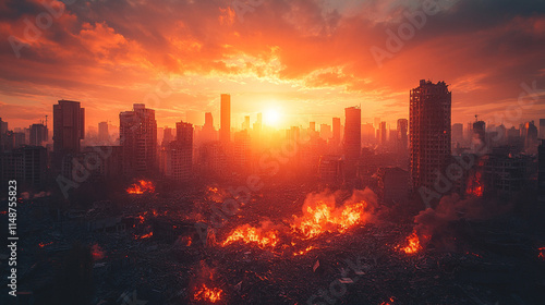 post-apocalyptic cityscape showcasing destroyed buildings, burning rubble, and a polluted environment, symbolizing chaos, devastation, and the collapse of civilization in a dystopian world photo