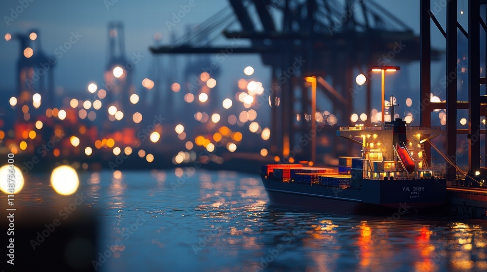 Container ship docked at night, illuminated by city lights and port infrastructure. Container ship docked at night, illuminated by city lights and port infrastructure.