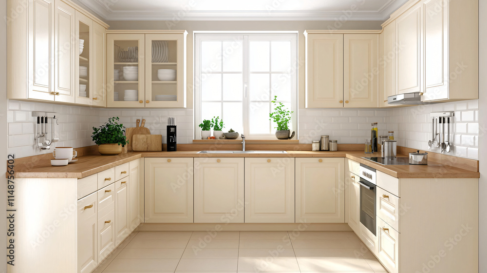 A modern kitchen designed with a warm beige and cream color palette, enhanced by natural stone countertops. A modern kitchen designed with a warm beige and cream color palette, enhanced by natural stone countertops.