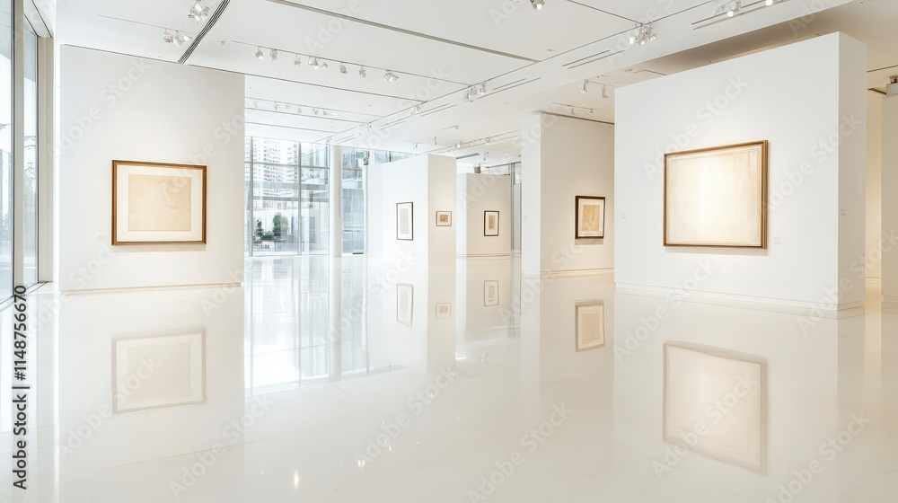 Modern art gallery interior showcasing minimalist design and natural light on polished floors. Modern art gallery interior showcasing minimalist design and natural light on polished floors.