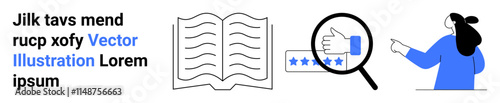 Magnifying glass highlighting star reviews, open book, person pointing with placeholder text in the background. Ideal for educational content, reviews and ratings, analysis, research, digital