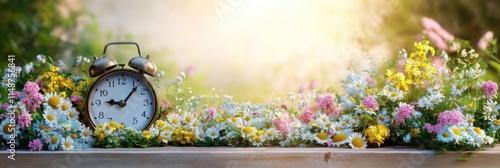 Daylight savings time change and reminder to spring forward concept with clock on light background with springtime flowers