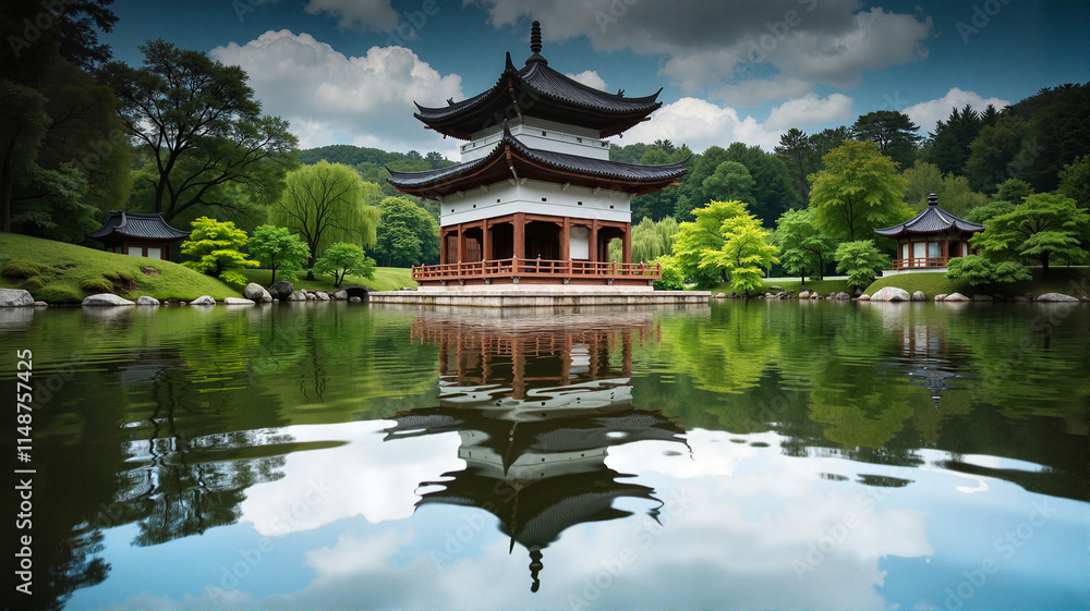 Scenic Chinese garden with a traditional pavilion by a pond Scenic Chinese garden with a traditional pavilion by a pond