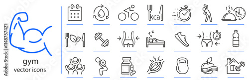 gym icon set, sport fit exercise, workout fitness icons, nutrition diet, health lifestyle and more, sport simple symbols on white background - editable stroke vector illustration eps10