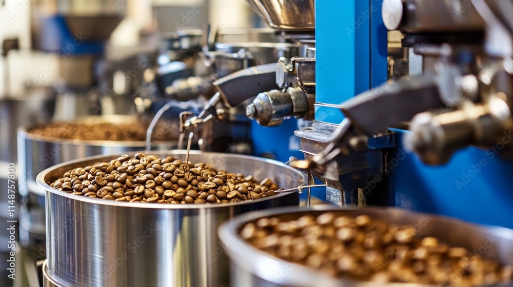 Industrial coffee processing with roasted beans in metal containers and machinery. Industrial coffee processing with roasted beans in metal containers and machinery.