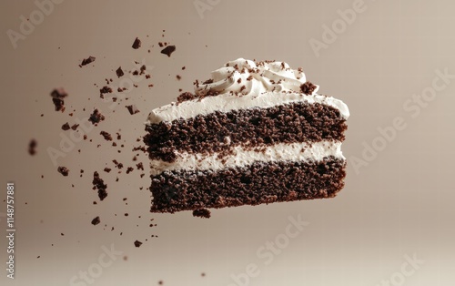 A slice of chocolate cake floating with crumbs and cream gently falling off