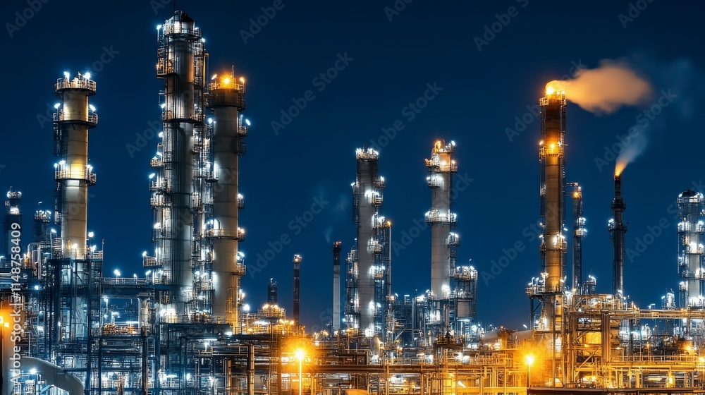 Night view of an industrial complex with illuminated towers and smoke emissions. Night view of an industrial complex with illuminated towers and smoke emissions.