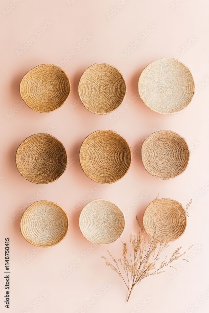Pastel Harmony Symmetrical Display of Handwoven Baskets on Soft Surface Pastel Harmony Symmetrical Display of Handwoven Baskets on Soft Surface