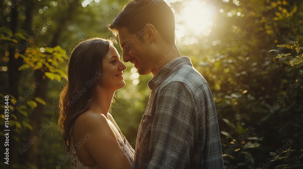 Fototapeta premium love couple gazing at each other tenderly under bright sunlight at tree shade