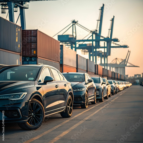 row of new cars in port