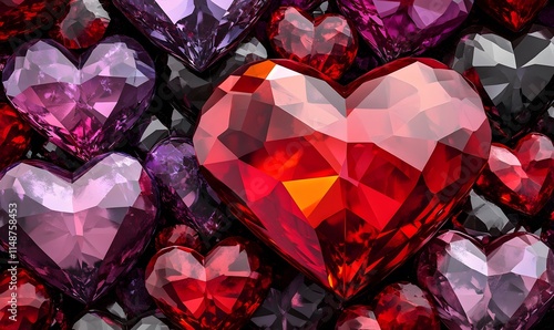 Red, pink, purple gemstone hearts background.