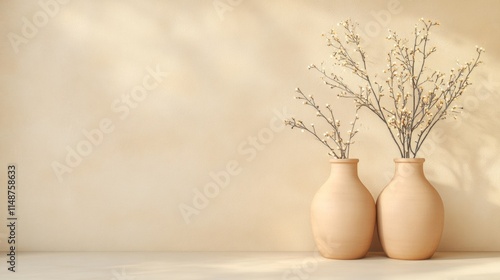 Elegant Minimalist Display of Ceramic Vases with Delicate Branches on Neutral Backdrop