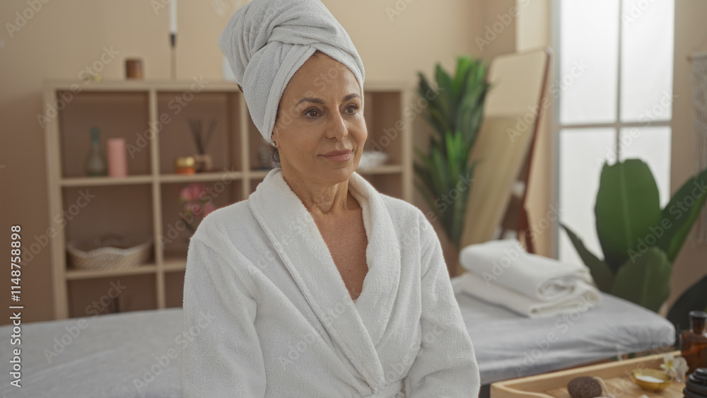 Mature woman in a spa room wearing a bathrobe and towel turban with wellness decor in the background Mature woman in a spa room wearing a bathrobe and towel turban with wellness decor in the background