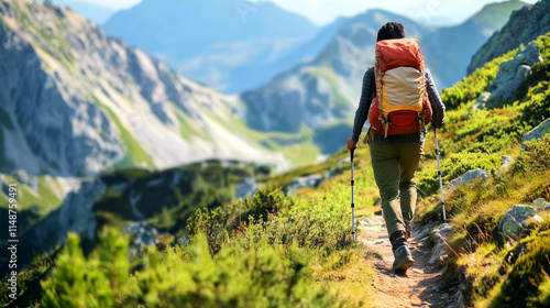 Hiker explores scenic mountain trail surrounded by lush greenery and majestic peaks in bright daylight