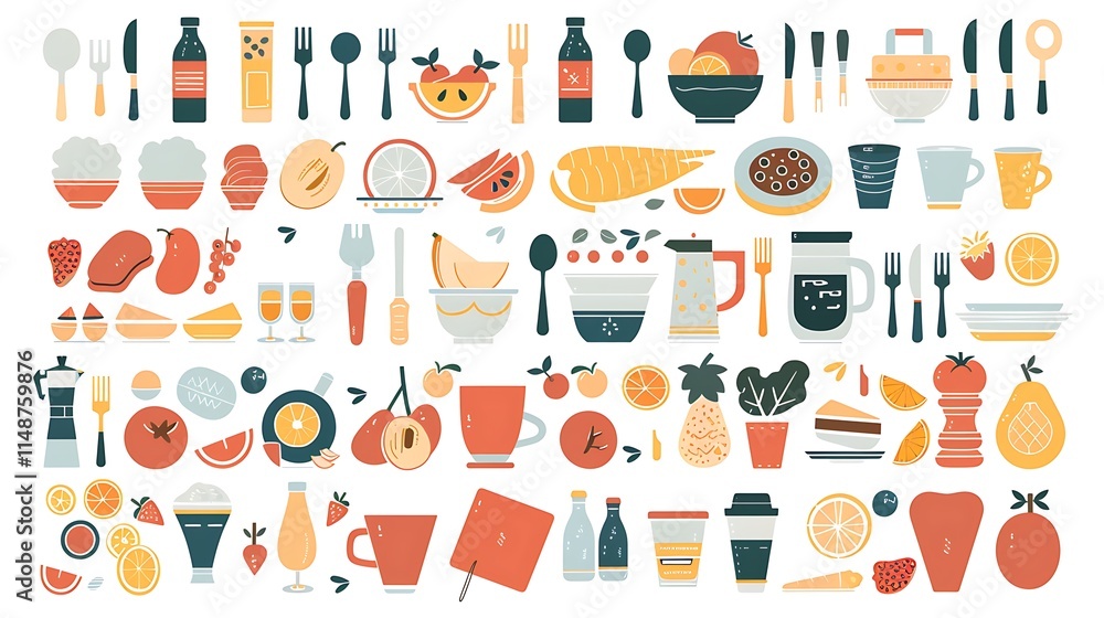 A set of food and beverage icons, including utensils, plates, coffee cups, fruits, and vegetables A set of food and beverage icons, including utensils, plates, coffee cups, fruits, and vegetables