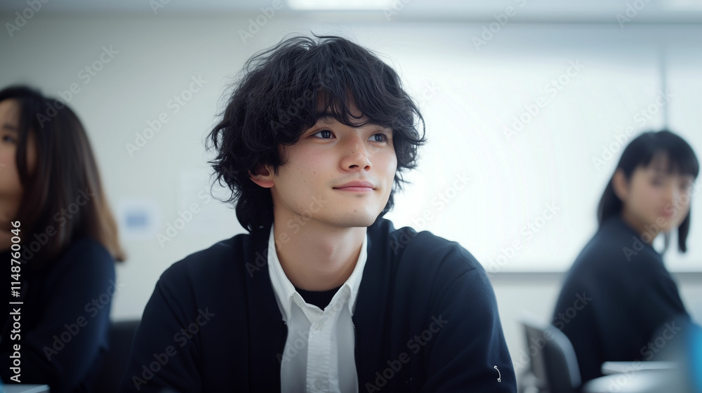 Fototapeta premium Young man listening attentively in a modern classroom during a lecture on a weekday afternoon