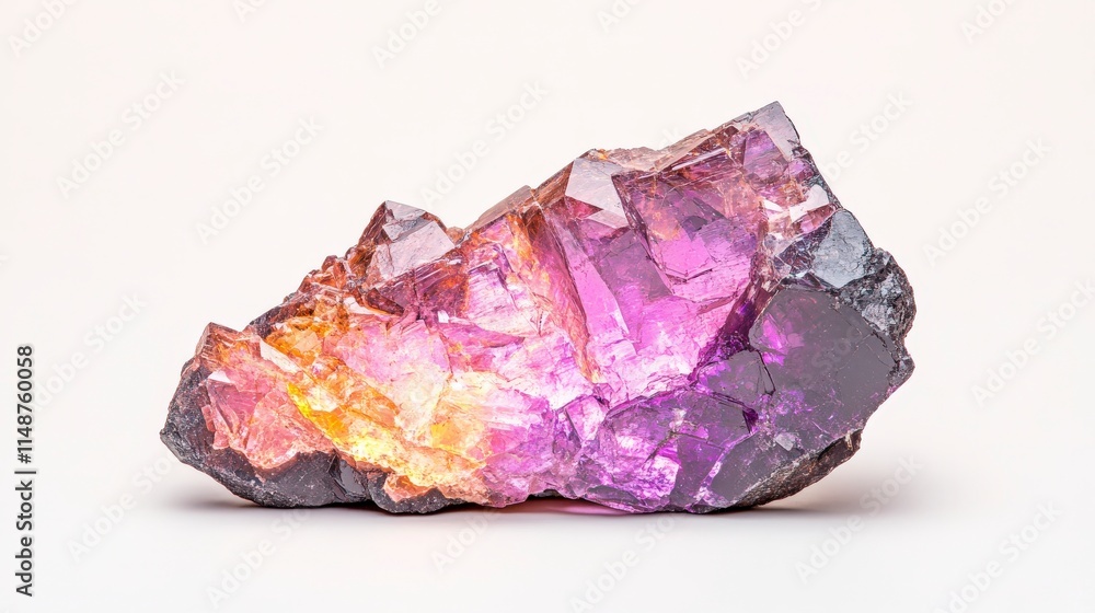 Stunning mineral stone displaying vibrant colors of purple, orange, and yellow with intricate crystal formations. Stunning mineral stone displaying vibrant colors of purple, orange, and yellow with intricate crystal formations.