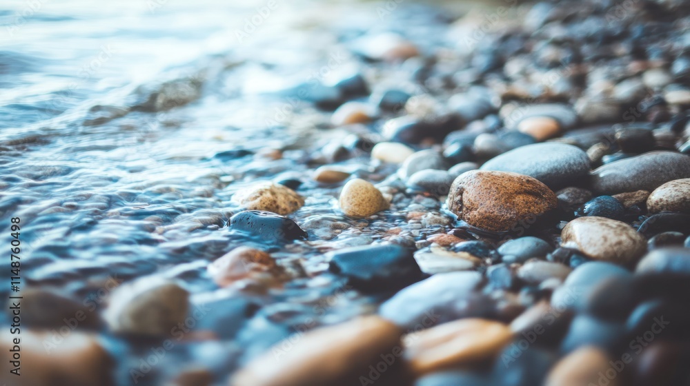 Smooth, colorful stones on a beach with clear, shallow water lapping against the shore. Smooth, colorful stones on a beach with clear, shallow water lapping against the shore.