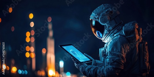 Wallpaper Mural An astronaut in a spacesuit analyzes data on a tablet in an illuminated space environment. Torontodigital.ca