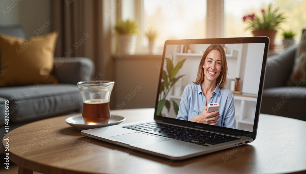 Laptop with online video call on table with tea in cozy living room. Laptop with online video call on table with tea in cozy living room.