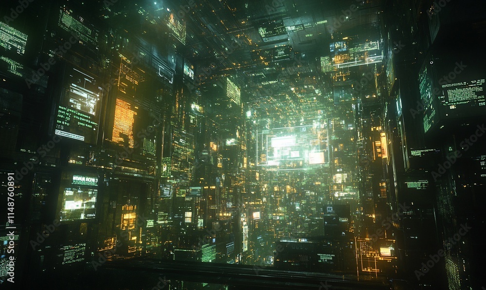 Naklejka premium A digital environment filled with glowing screens and data streams.