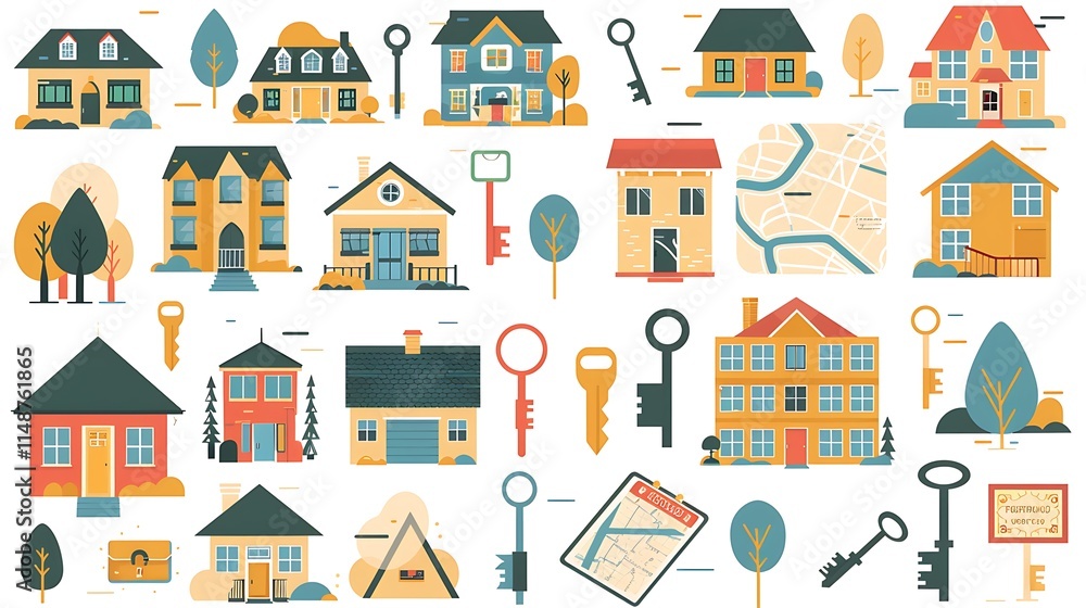 A set of real estate icons, including houses, keys, maps, apartments, and for-sale signs A set of real estate icons, including houses, keys, maps, apartments, and for-sale signs