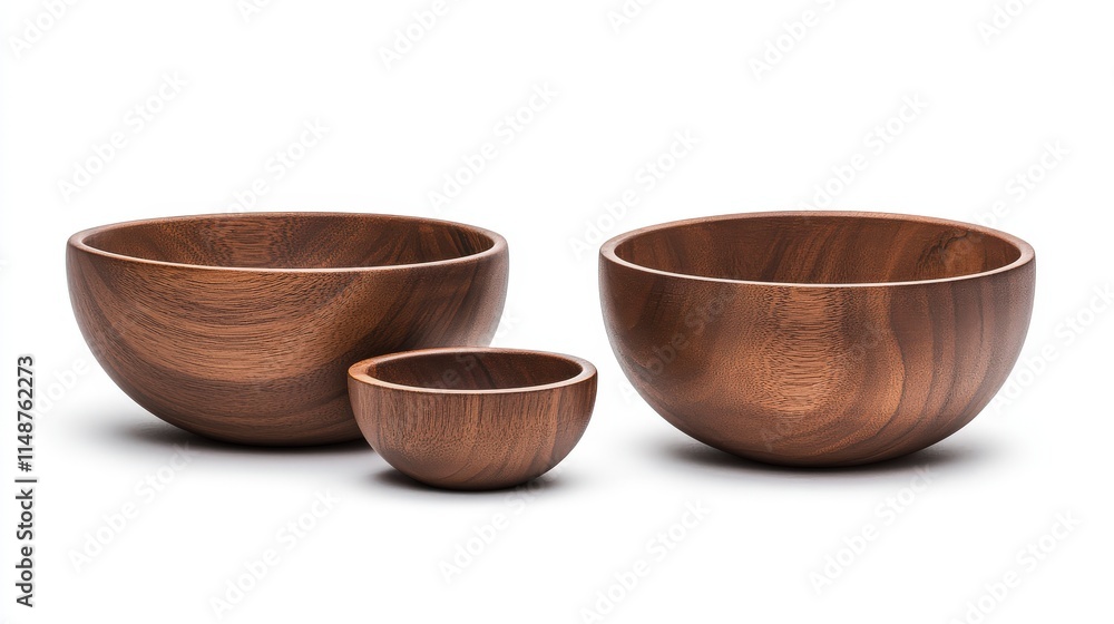 Three wooden bowls of different sizes, highlighting natural wood texture and design, perfect for serving or decoration.