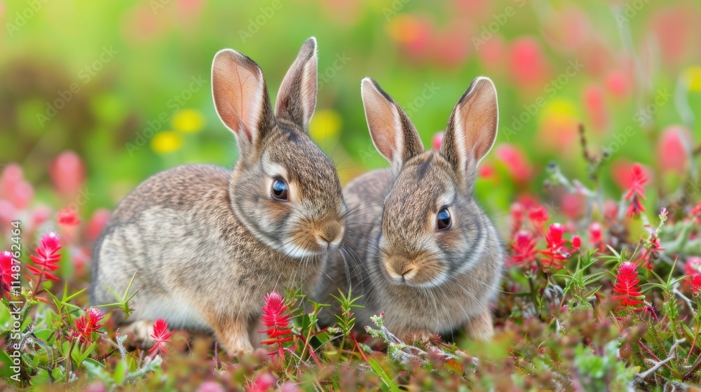 Fototapeta premium Wild rabbits Rabbit two (Oryctolagus cuniculus) juvenile baby animal amongst flowers on grassland, Suffolk, England, United Kingdom Many colorful flowers, beautiful