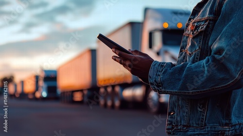 Black male wearing a denim jacket, checking his phone near parked trucks at sunset. photo