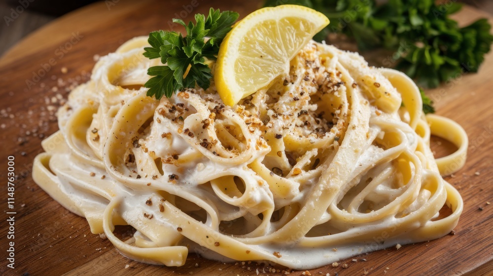 Classic fettuccine Alfredo. Creamy white pasta with a golden brown crust. The pasta is sprinkled with fresh black pepper. The dish is decorated with fresh parsley and a slice of lemon. Classic fettuccine Alfredo. Creamy white pasta with a golden brown crust. The pasta is sprinkled with fresh black pepper. The dish is decorated with fresh parsley and a slice of lemon.