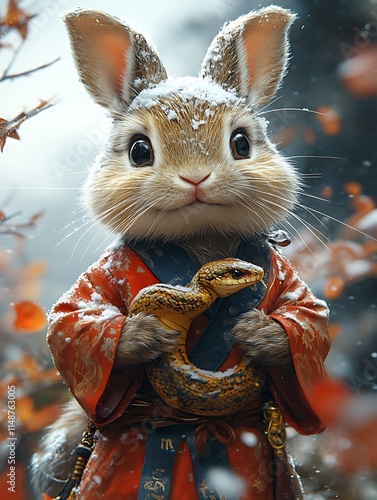 A Rabbit in Kimono Holding a Snake - Chinese New Year Symbolism. photo