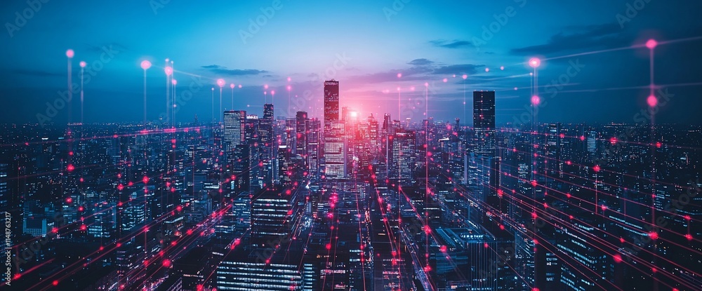 Obraz premium A futuristic cityscape with digital connections and a vibrant sunset.