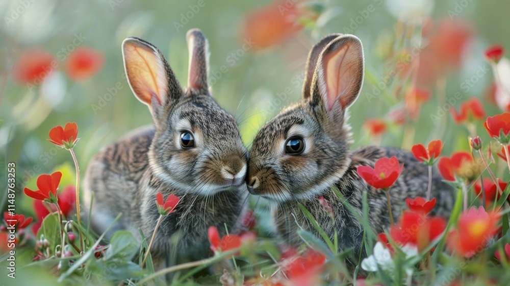 Wild rabbits Rabbit two (Oryctolagus cuniculus) juvenile baby animal amongst flowers on grassland, Suffolk, England, United Kingdom Many colorful flowers, beautiful Wild rabbits Rabbit two (Oryctolagus cuniculus) juvenile baby animal amongst flowers on grassland, Suffolk, England, United Kingdom Many colorful flowers, beautiful