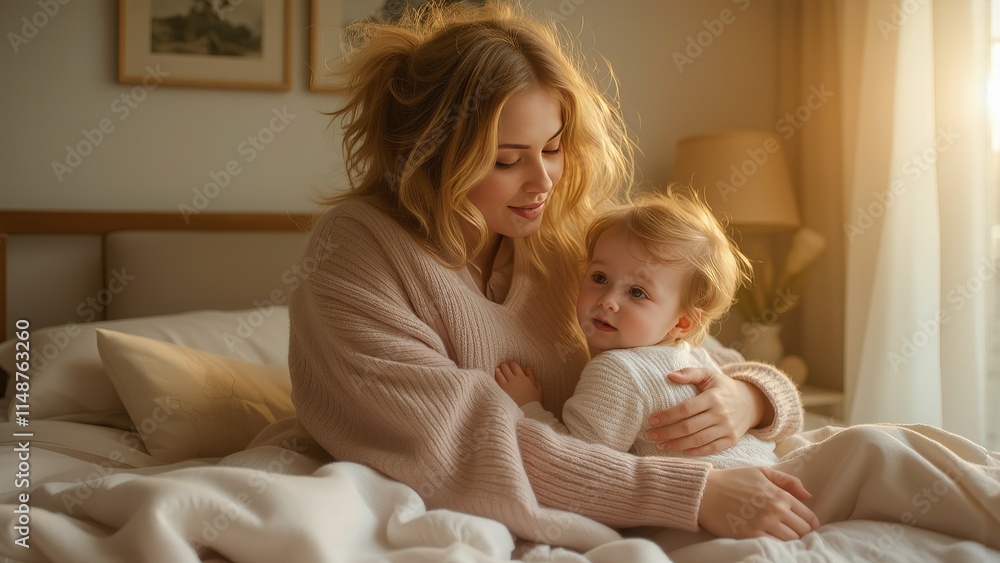 Mother cuddling baby on cozy bed in morning light. Mother cuddling baby on cozy bed in morning light.