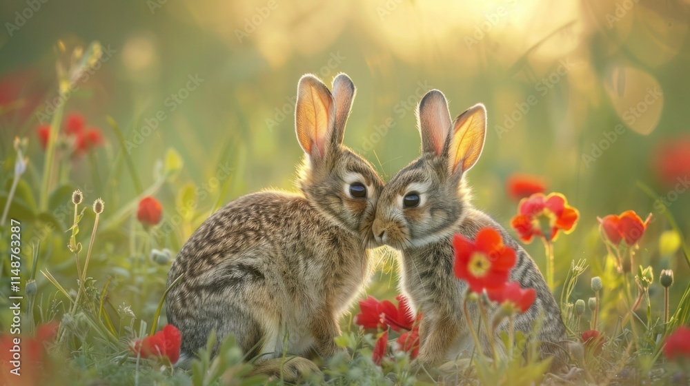 Fototapeta premium Wild rabbits Rabbit two (Oryctolagus cuniculus) juvenile baby animal amongst flowers on grassland, Suffolk, England, United Kingdom Many colorful flowers, beautiful