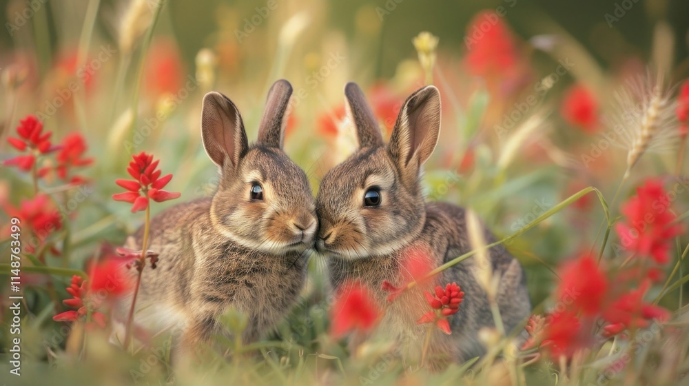 Wild rabbits Rabbit two (Oryctolagus cuniculus) juvenile baby animal amongst flowers on grassland, Suffolk, England, United Kingdom Many colorful flowers, beautiful Wild rabbits Rabbit two (Oryctolagus cuniculus) juvenile baby animal amongst flowers on grassland, Suffolk, England, United Kingdom Many colorful flowers, beautiful