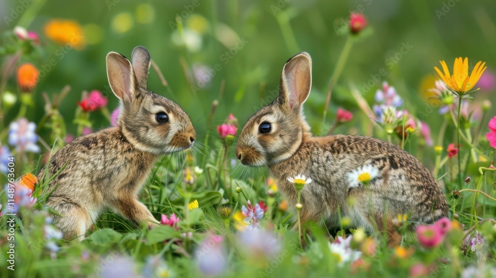 Fototapeta premium Wild rabbits Rabbit two (Oryctolagus cuniculus) juvenile baby animal amongst flowers on grassland, Suffolk, England, United Kingdom Many colorful flowers, beautiful