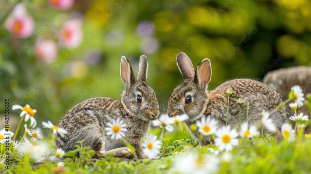 Wild rabbits Rabbit two (Oryctolagus cuniculus) juvenile baby animal amongst flowers on grassland, Suffolk, England, United Kingdom Many colorful flowers, beautiful Wild rabbits Rabbit two (Oryctolagus cuniculus) juvenile baby animal amongst flowers on grassland, Suffolk, England, United Kingdom Many colorful flowers, beautiful