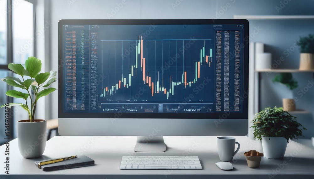Trading monitor with high resolution stock chart screen showing various technical indicators and candlestick patterns Trading monitor with high resolution stock chart screen showing various technical indicators and candlestick patterns