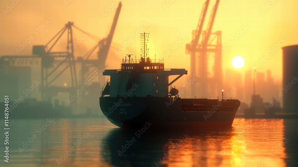 Silhouette of a cargo ship at sunset with cranes in the background. Silhouette of a cargo ship at sunset with cranes in the background.