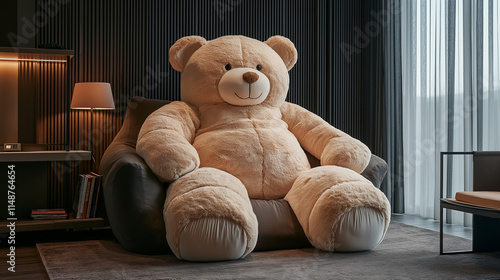 a large beige teddy bear toy used as aseat in aliving room photo