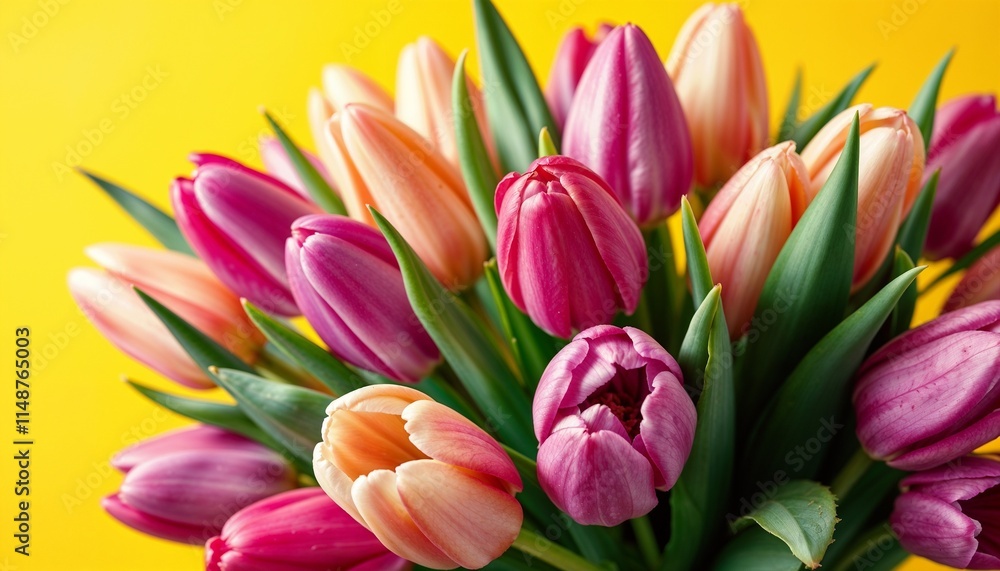 Fototapeta premium Vibrant Tulip Bouquet in Bright Yellow Background for Spring Decor, floral background, copy space, Women's Day, Mother's Day, Wedding, Valentine's Day, birthday