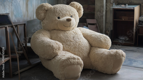 a large white teddy bear toy used as aseat in aliving room photo