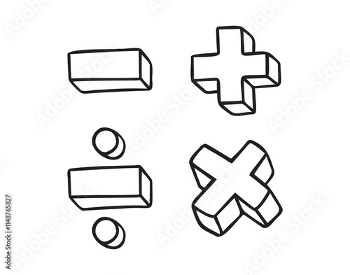 math symbols, divide and multiply, minus and plus doodle hand drawn icon. Outline drawing mathematical operations line clipart symbol