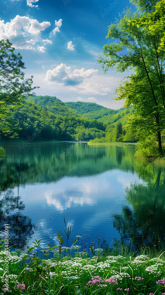 Tranquil Lake Surrounded by Forest with Wildflowers in Foreground and Rolling Hills Under a Clear Blue Sky with Fluffy Clouds Tranquil Lake Surrounded by Forest with Wildflowers in Foreground and Rolling Hills Under a Clear Blue Sky with Fluffy Clouds