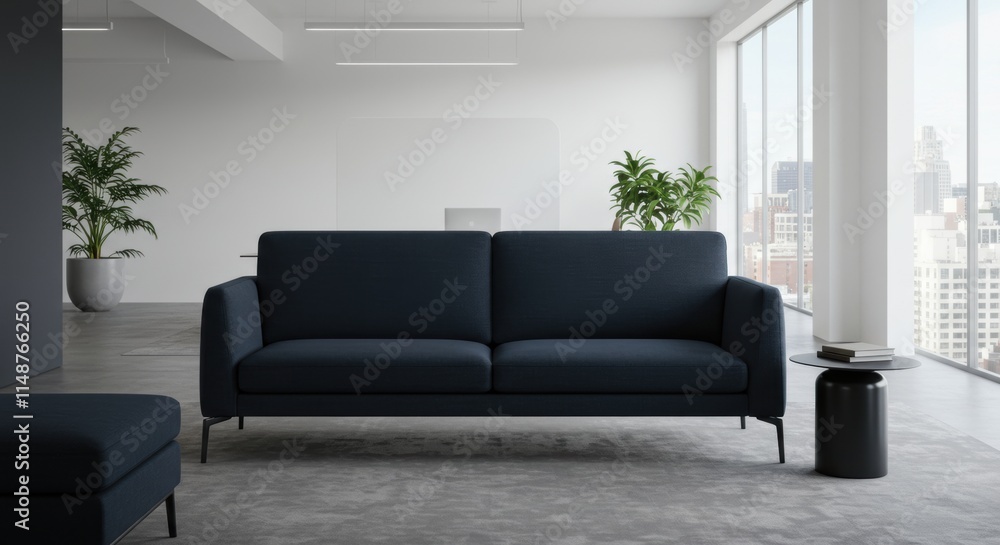 Dark Blue Sofa in Modern Office Space Dark Blue Sofa in Modern Office Space