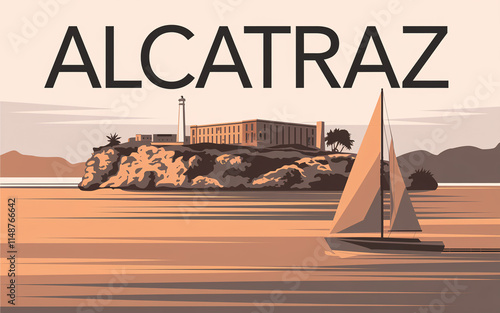 Alcatraz Island, San Francisco Bay, sailboat, sunset, vintage illustration.