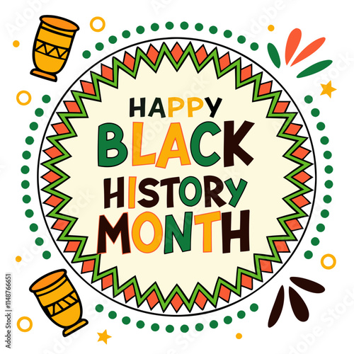 A vibrant clipart design celebrating Happy Black History Month with colorful and joyful elements.